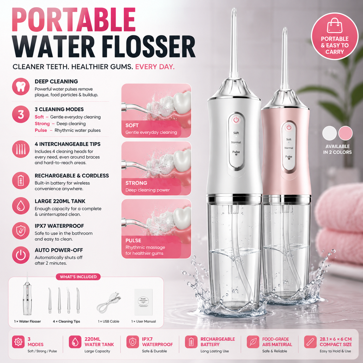 Smart Water Flosser – Deep Cleaning, 3 Modes & 4 Tips