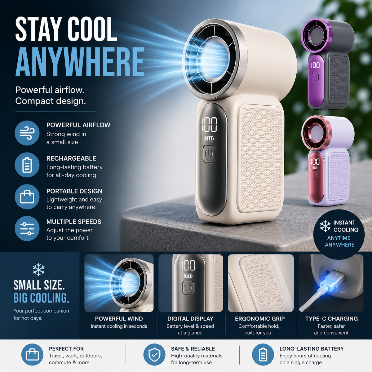 BreezeIQ™ Portable 5-Speed Rechargeable Mini Fan