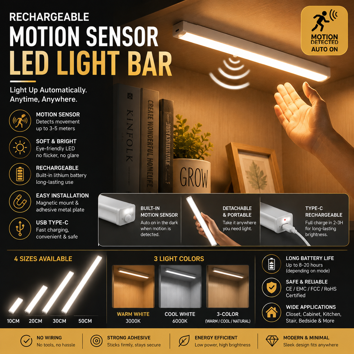 Rechargeable Motion Sensor LED Light Bar